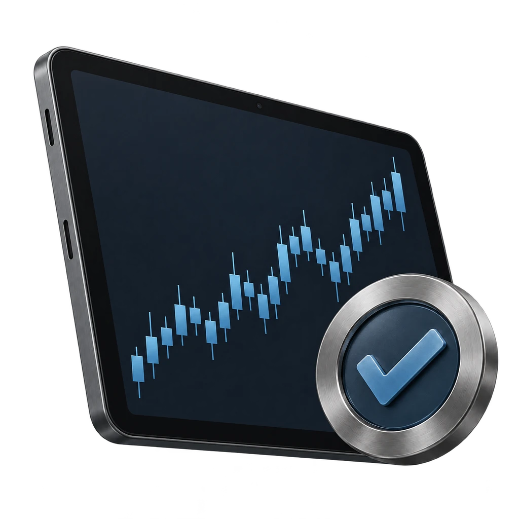 A tablet showing a rising candlestick chart beside a check mark
